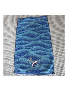 Vintage Santens Hand Towel Blue Ocean Dolphin Embroidery 90s Y2K Beach Sun USA